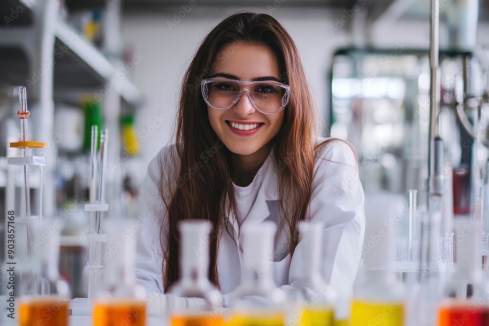 Building Successful Career in Science Research. Smart beautiful woman working in laboratory, using lab equipment, doing experiment, studying test samples. Portrait of happy scientist, ai Building Successful Career in Science Research. Smart beautiful woman working in laboratory, using lab equipment, doing experiment, studying test samples. Portrait of happy scientist, ai
