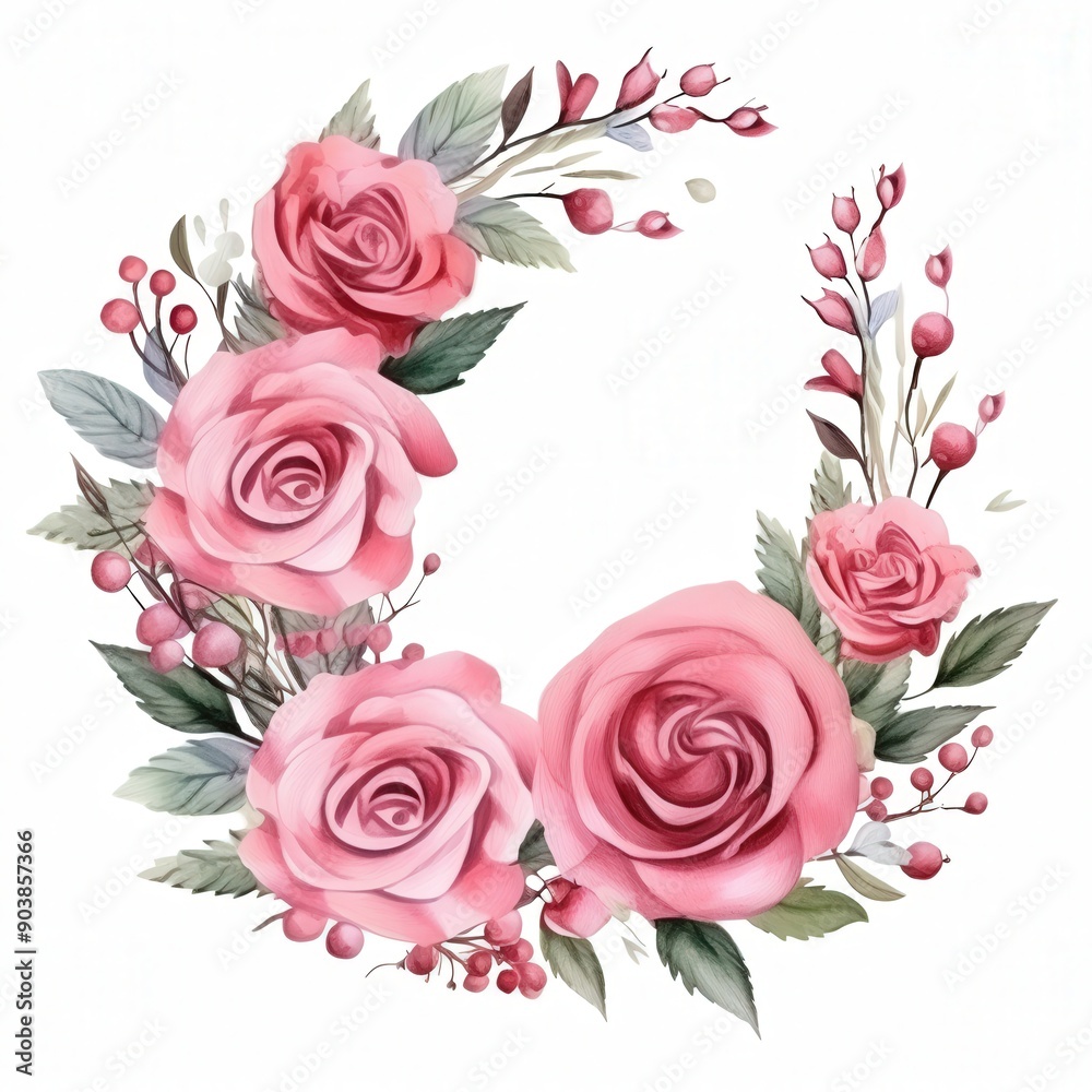 Watercolor Pink Roses with Green Leaves Watercolor Pink Roses with Green Leaves