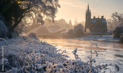 A close-up shot of frost-covered foliage along the River Severn, with St Andrew's church illuminated by the soft glow of the early morning sun photo