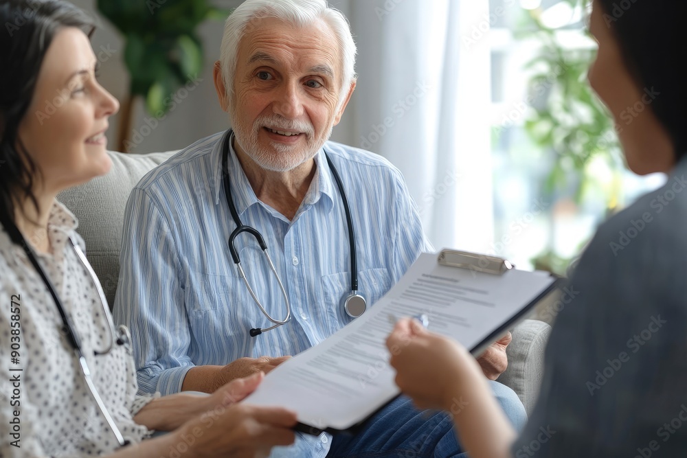 Caretaker helps senior patients sign homecare agreement, fill informed exam consent, understand test result or health insurance details. Grandparents discuss professional home care, ai Caretaker helps senior patients sign homecare agreement, fill informed exam consent, understand test result or health insurance details. Grandparents discuss professional home care, ai