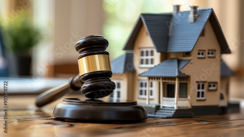 Gavel And Model House On Wooden Table.