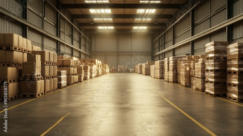 Industrial Warehouse with Cardboard Boxes and Pallet.