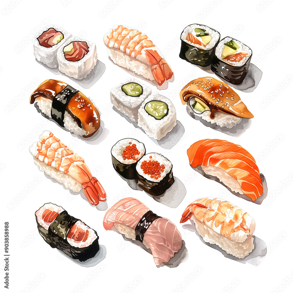 Watercolor illustration of various kinds of sushi on white background Watercolor illustration of various kinds of sushi on white background