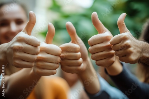 Close up of group of diverse people showing raised thumbs at camera as gesture of recommendation or good choice. Professional multicultural team demonstrates satisfaction , ai