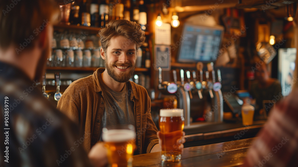 Friendly bartender presenting craft beers to patrons, rustic pub atmosphere Friendly bartender presenting craft beers to patrons, rustic pub atmosphere