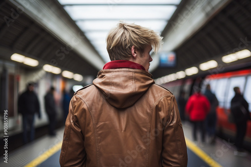 Ai generated rear view photo of a man tourist on a train station © Tetiana