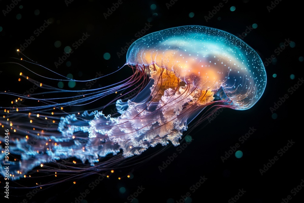 Close-up of a bioluminescent jellyfish, its tentacles glowing in the ...