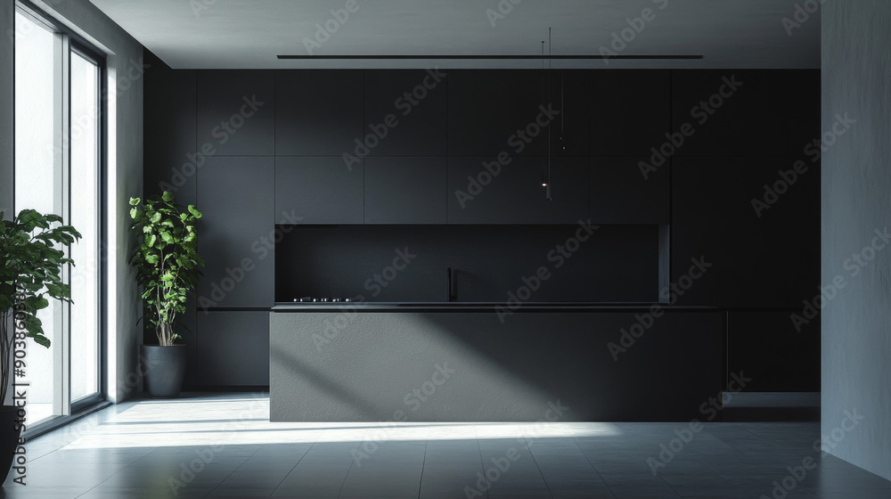 Sleek, modern black kitchen with minimalist design, featuring large windows allowing natural light and potted plants for a touch of greenery, in quiet luxury style Sleek, modern black kitchen with minimalist design, featuring large windows allowing natural light and potted plants for a touch of greenery, in quiet luxury style