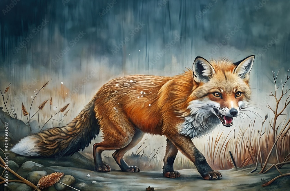 Obraz premium A dangerously aggressive red fox came out of the woods toward the humans. Beware of wild animals, danger of infection, the bite of sick animals transmits the rabies virus. International Rabies Day.