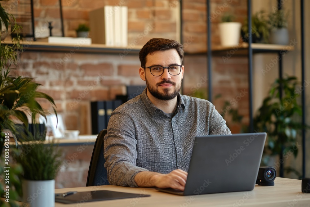 Company's manager sits at a desk in the office and holds an online meeting with his clients. Man communicates in a video call while looking at the webcam. Concept of online services , ai