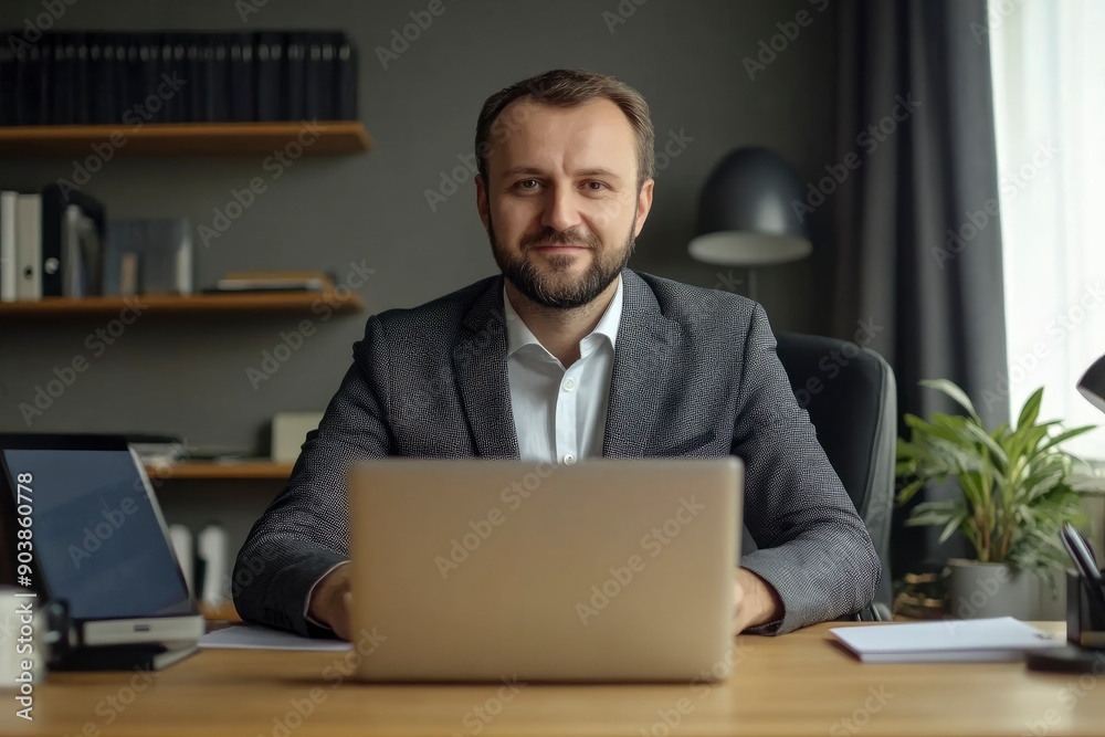 Company's manager sits at a desk in the office and holds an online meeting with his clients. Man communicates in a video call while looking at the webcam. Concept of online services , ai Company's manager sits at a desk in the office and holds an online meeting with his clients. Man communicates in a video call while looking at the webcam. Concept of online services , ai