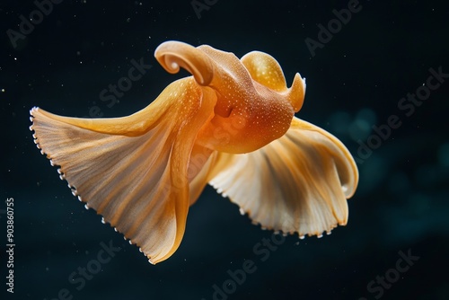 A dumbo octopus flapping its ear-like fins, hovering over the ocean floor. High-resolution, detailed textures, crisp focus photo