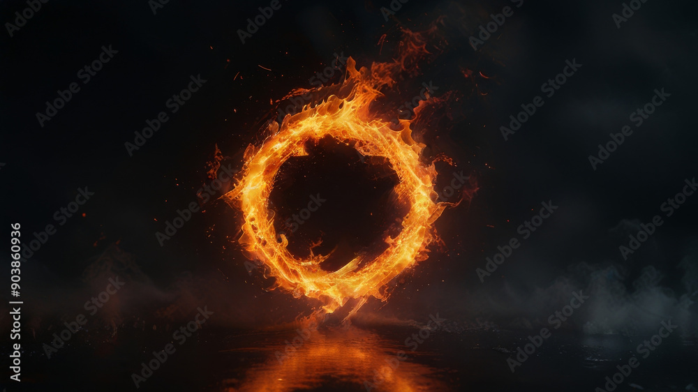 Fototapeta premium A fantastic landscape with a neon circle. Dark background.