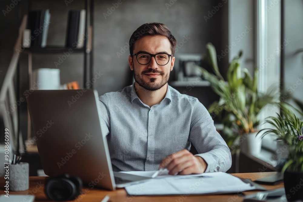 Company's manager sits at a desk in the office and holds an online meeting with his clients. Man communicates in a video call while looking at the webcam. Concept of online services , ai Company's manager sits at a desk in the office and holds an online meeting with his clients. Man communicates in a video call while looking at the webcam. Concept of online services , ai