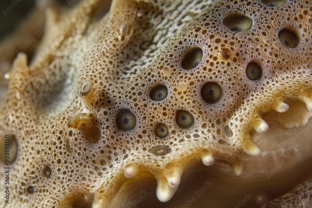 A sea cucumber's intricate texture close-up as it filters the ocean floor for nutrients. High-resolution, detailed textures, crisp focus A sea cucumber's intricate texture close-up as it filters the ocean floor for nutrients. High-resolution, detailed textures, crisp focus
