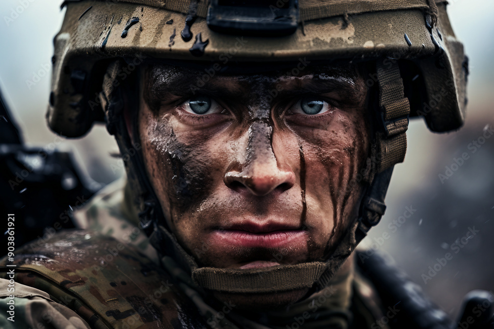Generative AI illustration of army soldier face close up Generative AI illustration of army soldier face close up