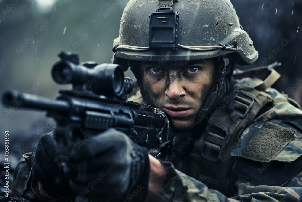 Portrait of a male equipped soldier in military uniform with weapon Portrait of a male equipped soldier in military uniform with weapon