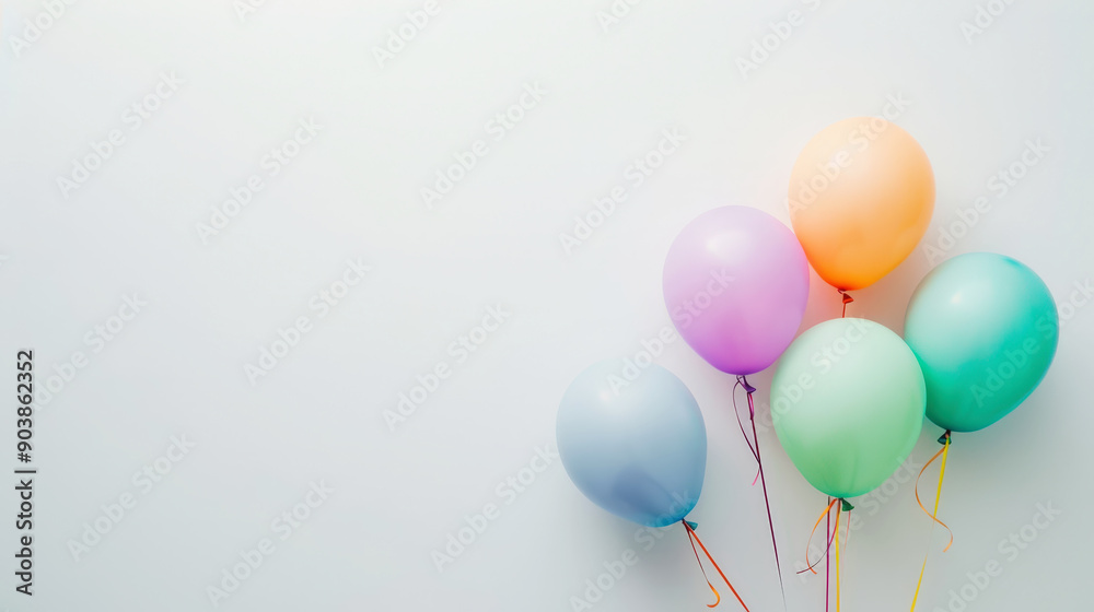 Aesthetic pastel colored balloons floating in the air against white wall background, copy space. Generative AI Aesthetic pastel colored balloons floating in the air against white wall background, copy space. Generative AI