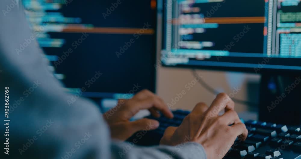 Closeup young adult Asia male freelance typing write prompt AI bot IT app smart program nomad, video game, terminal with coding language, designer, big data center on desktop computer in night office.