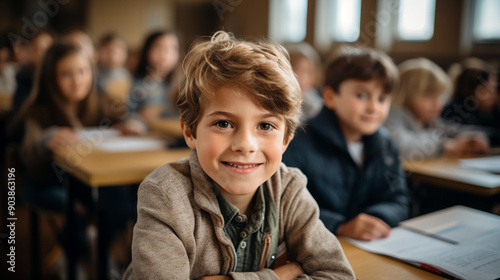 Boy sits in an elementary school class, he is looking at the camera, photography.