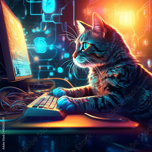 パソコンを操作している猫03｜Cat operating a computer 03 Generative AI photo