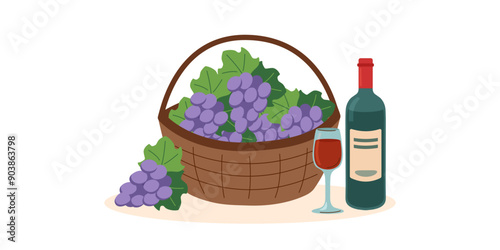 Grape and wine. Concept of autumn, harvest, thanksgiving, wine. Basket of grapes and bottle of wine. Autumn background. Vector flat illustration. 