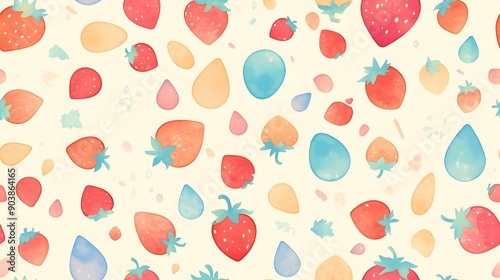Watercolor painting of strawberries in raindrops painted in cubist style with soft pastel colors seamless pattern