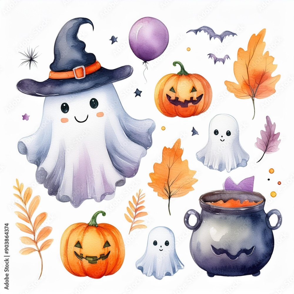 Set of cute watercolor Halloween's Day elements. Isolated on white background. Can be used for Halloween's day, greeting cards and invitations. Hand drawn watercolor illustration. Set of cute watercolor Halloween's Day elements. Isolated on white background. Can be used for Halloween's day, greeting cards and invitations. Hand drawn watercolor illustration.