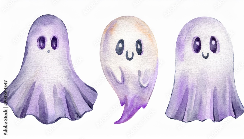 Obraz premium Set of cute watercolor Halloween's Day elements. Isolated on white background. Can be used for Halloween's day, greeting cards and invitations. Hand drawn watercolor illustration.