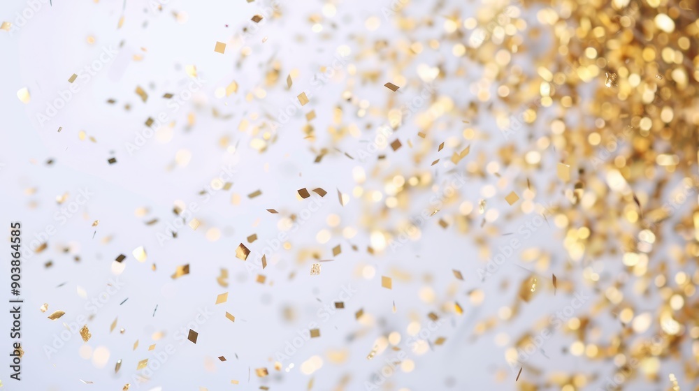 Golden confetti and ribbons on white background creating a festive and celebratory atmosphere. Perfect for New Year's, parties, and special events. Golden confetti and ribbons on white background creating a festive and celebratory atmosphere. Perfect for New Year's, parties, and special events.