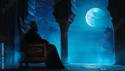 Islamic prophet and ruler in the holy temple during prayer. Muslim temple.