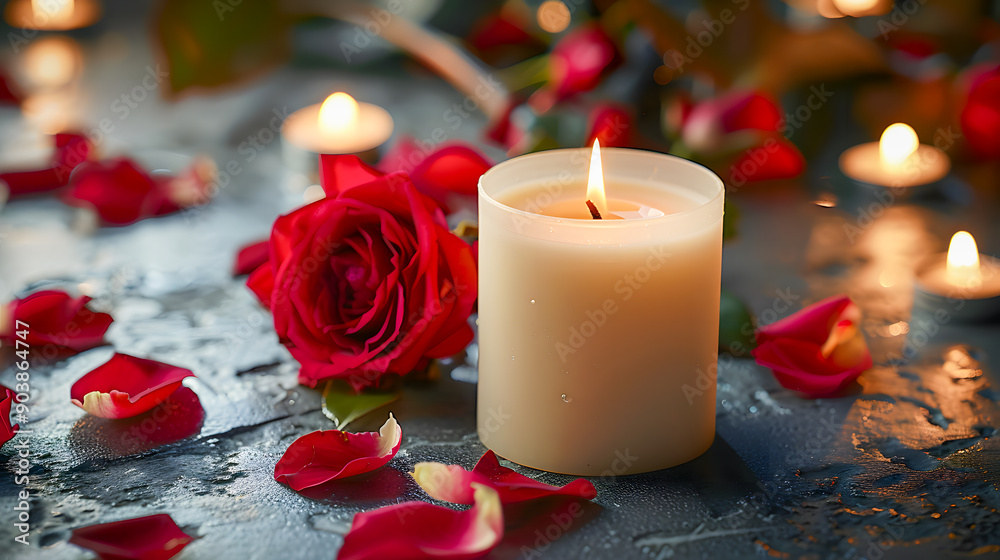 White candle with a rose and flowers petals on grey stone panoramic background with copy space White candle with a rose and flowers petals on grey stone panoramic background with copy space