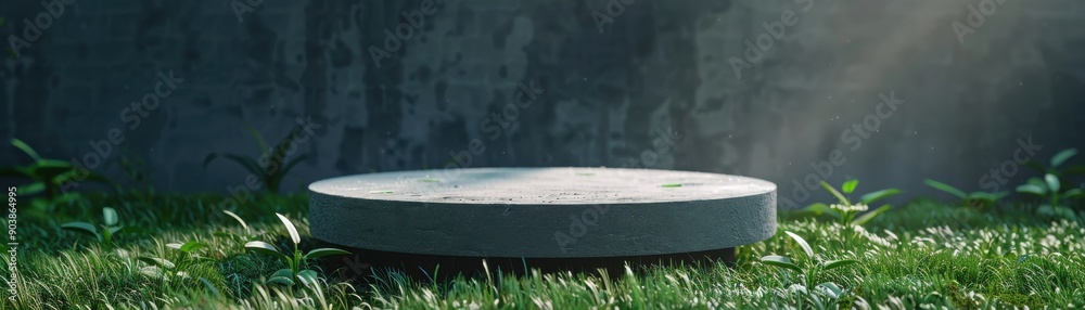 A circular platform surrounded by lush grass and illuminated by soft sunlight, creating a serene and tranquil atmosphere. A circular platform surrounded by lush grass and illuminated by soft sunlight, creating a serene and tranquil atmosphere.