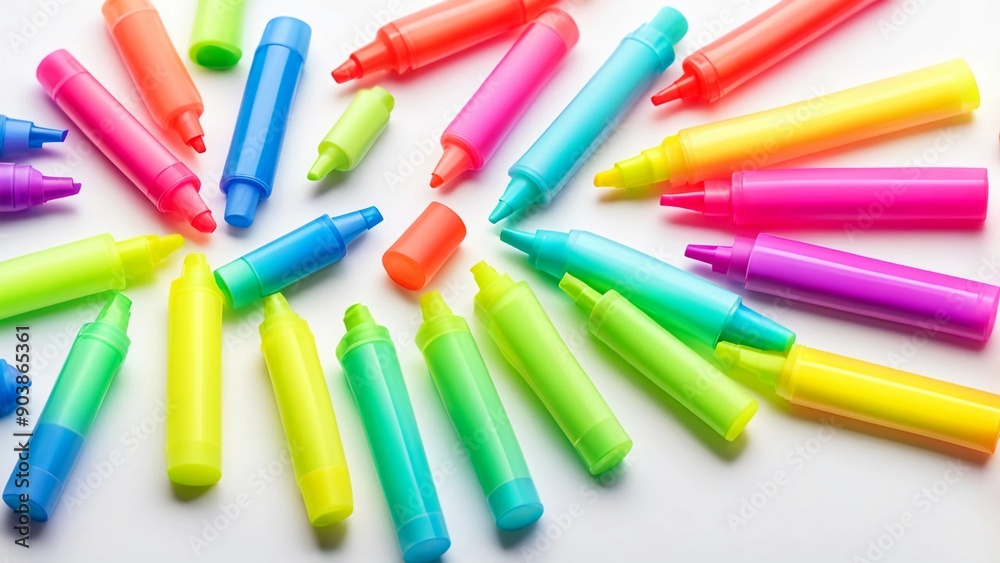 A set of highlighters and markers in various bright colors, isolated on white background A set of highlighters and markers in various bright colors, isolated on white background