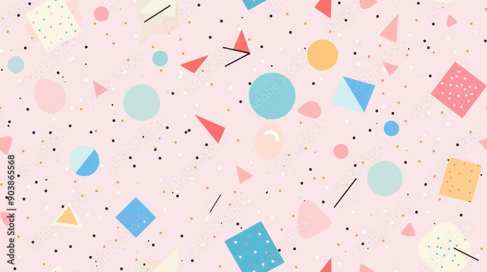 Playful geometric shapes in pastel colors on a pink background, creating a fun and vibrant pattern. Seamless pattern. Playful geometric shapes in pastel colors on a pink background, creating a fun and vibrant pattern. Seamless pattern.