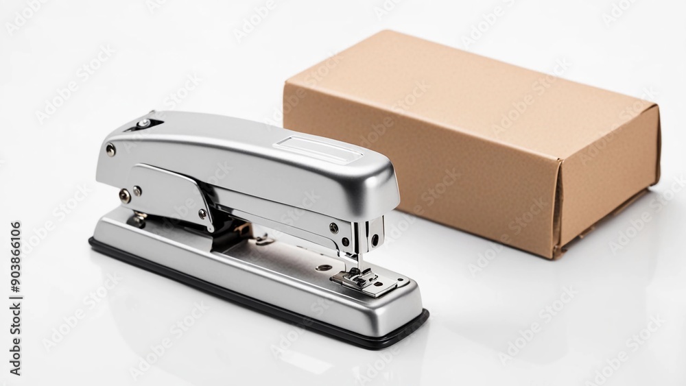 A classic stapler with a box of staples nearby, isolated on white background A classic stapler with a box of staples nearby, isolated on white background