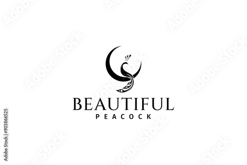 Crescent moon logo with a graceful peacock perched