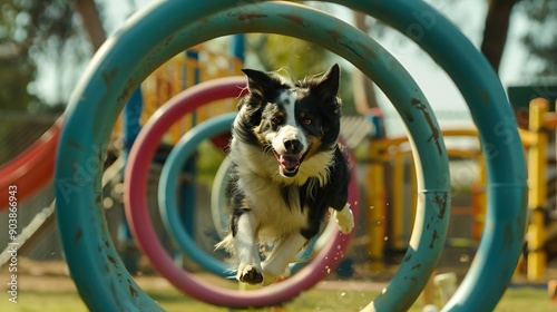 A border collie jumping through pastel-colored hoops in a backyard, with a pastel-themed agility course set up.