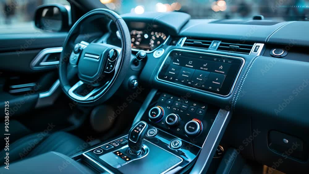 Modern car interior with leather seats, steering wheel and dashboard. Modern car interior with leather seats, steering wheel and dashboard.