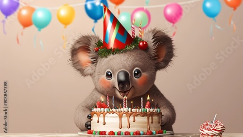 Koala birthday colored cake with candles , AI generated	