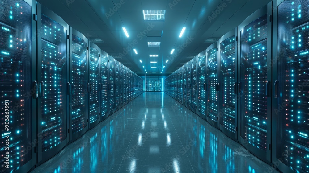 Server room with rows of data servers, illuminated by blue LED lights. Generative AI Server room with rows of data servers, illuminated by blue LED lights. Generative AI