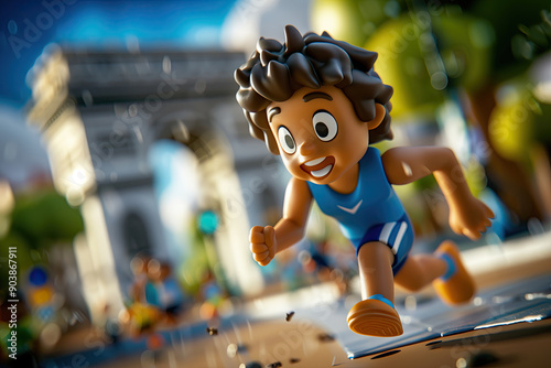 a happy little olympic runner character runs under Arc de Triomphe de l’Étoile 