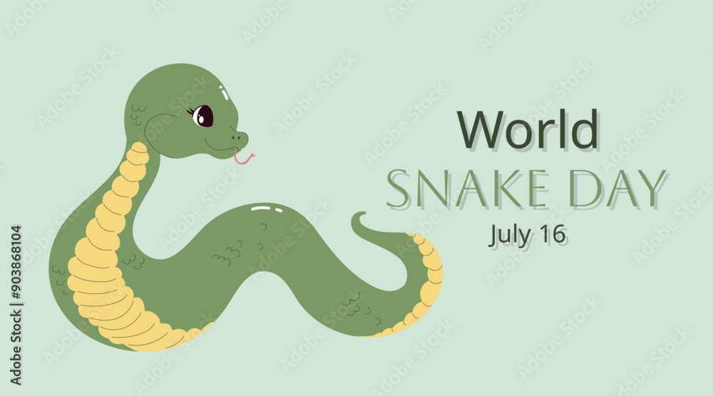 Fototapeta premium Minimalistic horizontal banner for July 16th World Snake Day. Cute cartoon snake. Holiday concept