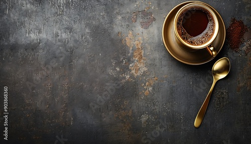 Flat lay of espresso cup with golden spoon on rustic table, vintage filter style, dark grey, brown tones.