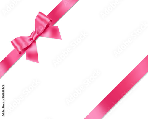 Pink Ribbon Bow Realistic shiny satin with shadow place on corner of paper for decorate your wedding invitation card,greeting card, certificate or gift boxes vector EPS10 isolated on white background.