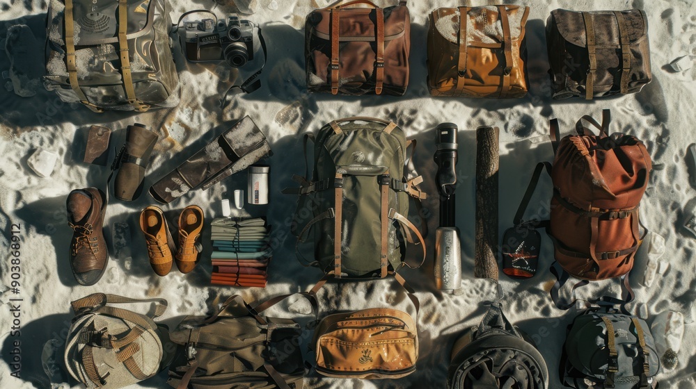 Fototapeta premium 83. Winter Survival Kit, realistic style, earth tones, metallic pattern, aerial view, ambient light, shadows,