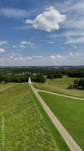 Aerial dolly shot of Light Pyramid, Campbell Park in the background, Milton Keynes
