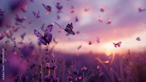 Experience the breathtaking spectacle of colorful butterflies gracefully fluttering over lavender fields at sunset
