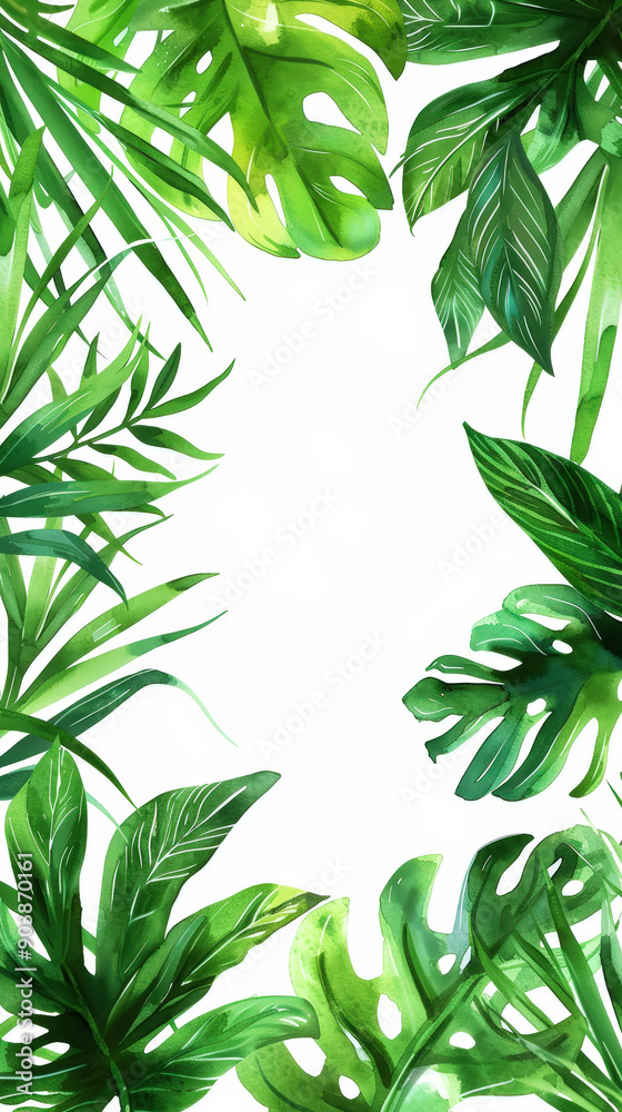 Fototapeta premium Aesthetic watercolor frame with green tropical leaves, copy space, light background, foliage template. Generative AI