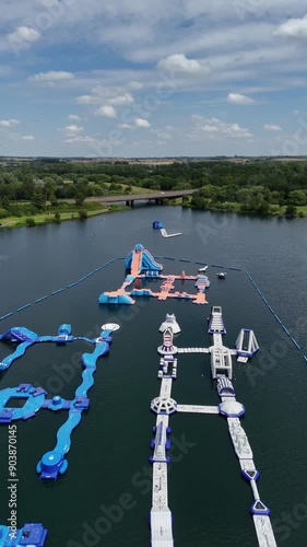 Aerial shot of Willen Lake aqua park, Milton Keynes